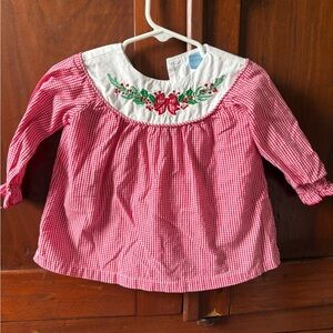 Classic Whimsy- Girls Red Gingham Embroidered Yoke Long Sleeve Top